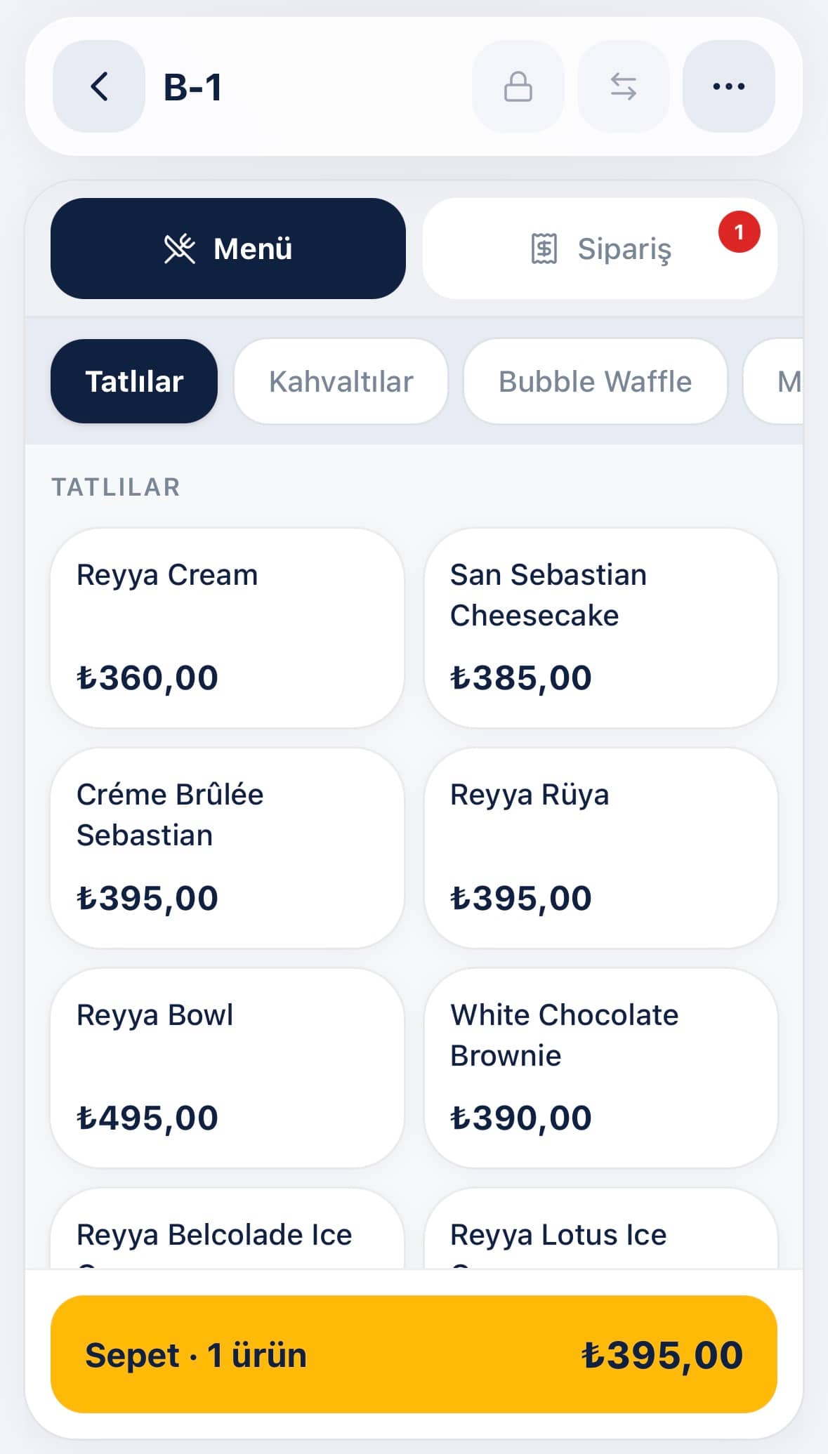 Restorax garson sipariş ekranı, telefon