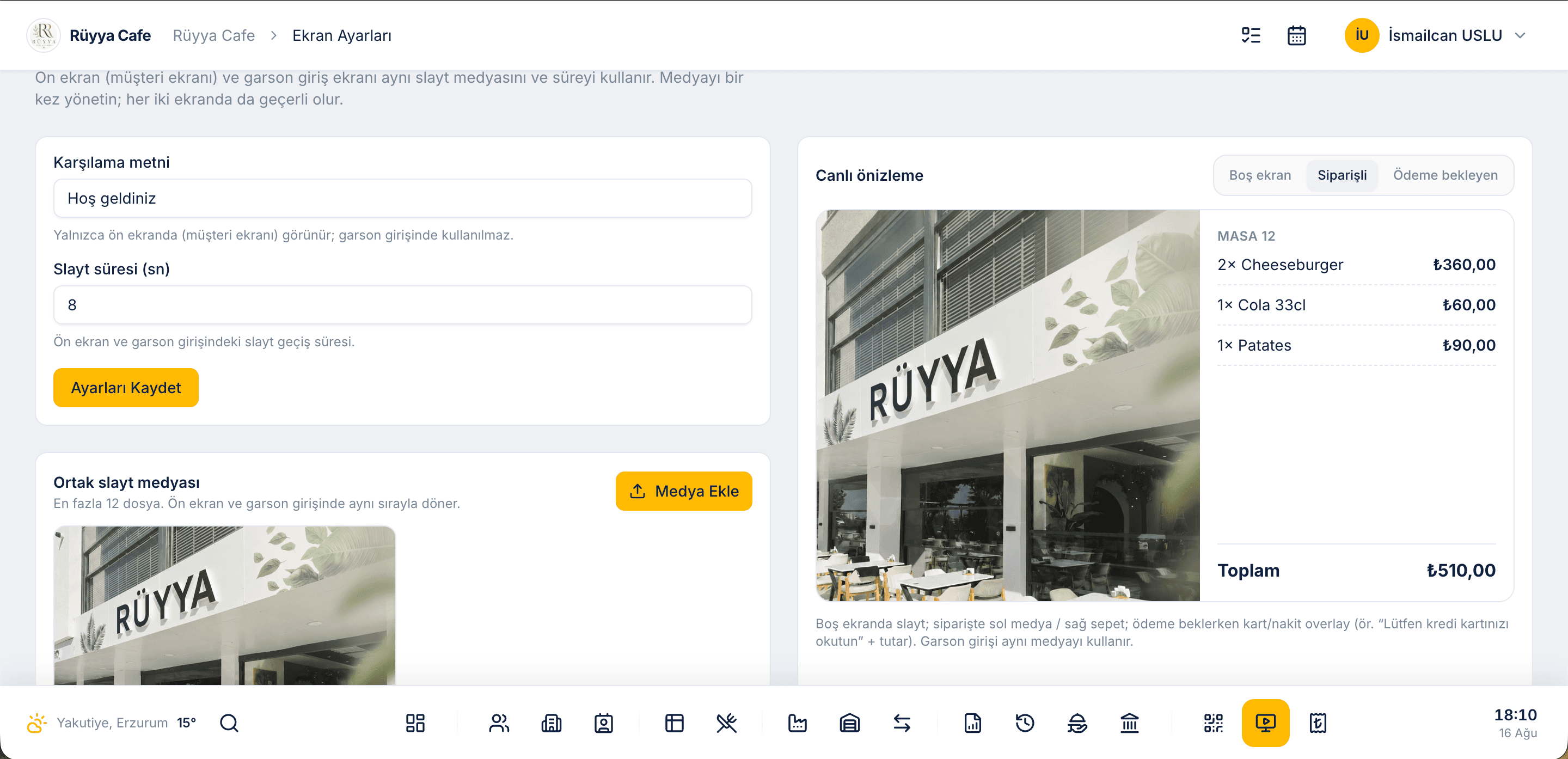 Restorax müşteri ekranı ayarları
